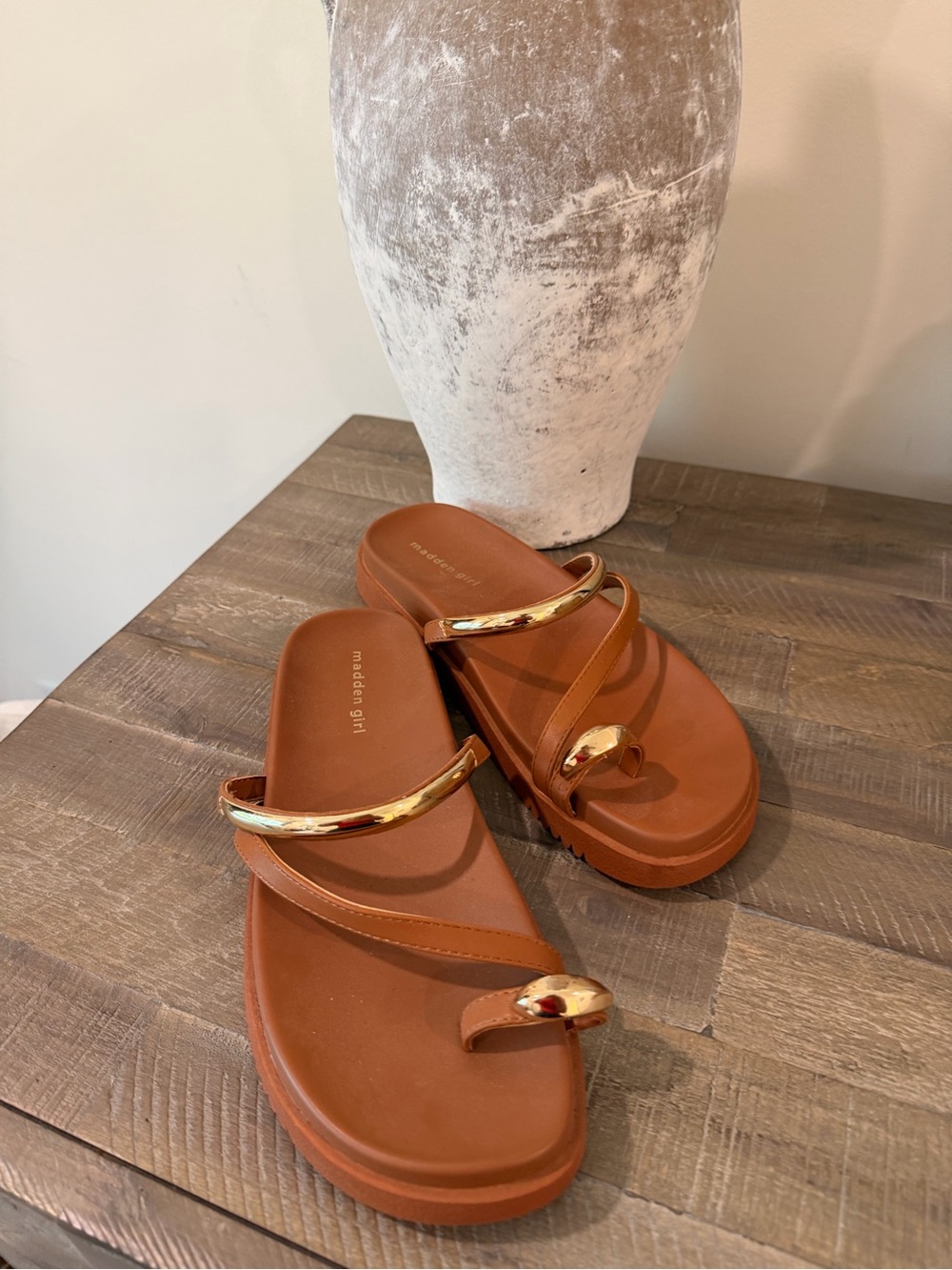 Madden Girl Brown Slide Sandals with Gold Accent Straps